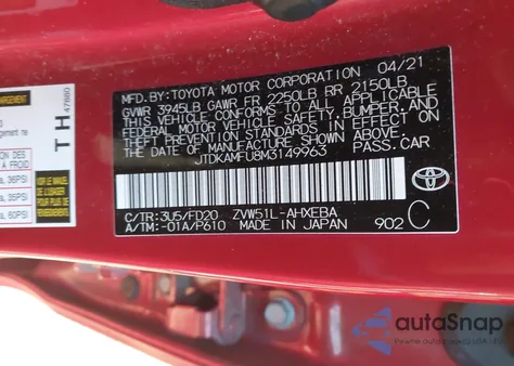 2021 Toyota Prius Le from USA, damaged, VIN JTDKAMFU8M3149963